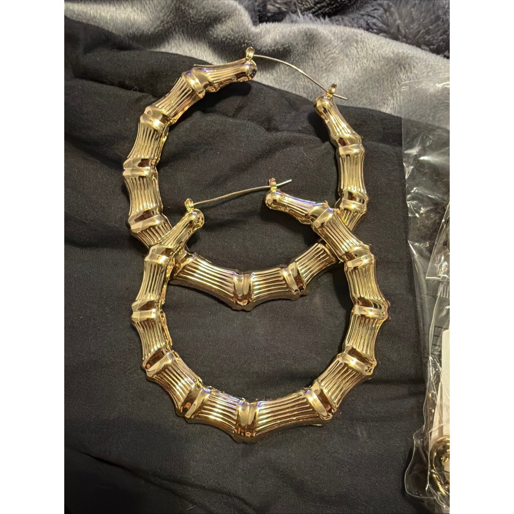 Gold Tone Hoop Earring Set 10 Pairs Bamboo Oversized Chunky Twisted Rope Studs